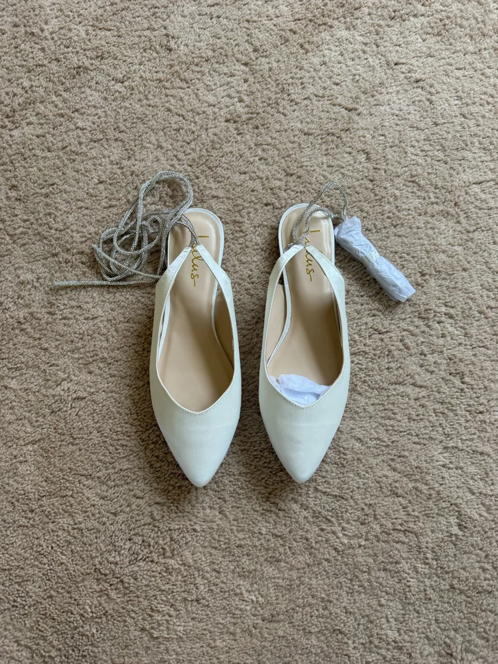Lulu's Finnian White Satin Rhinestone Lace-Up Pointed Toe Flats